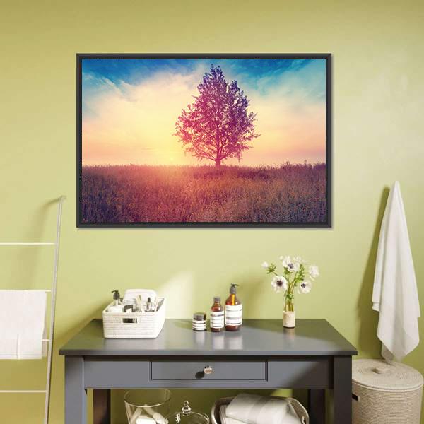 Alone Tree Over Sunrise Canvas Wall Art-1 Piece-Floating Frame-24" x 16"-Tiaracle