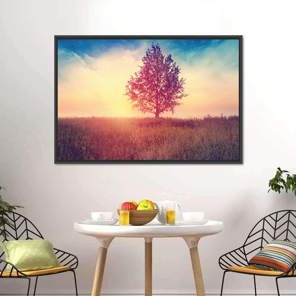 Alone Tree Over Sunrise Canvas Wall Art-3 Horizontal-Gallery Wrap-25" x 16"-Tiaracle