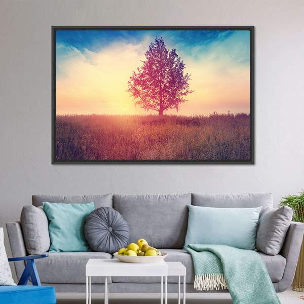 Alone Tree Over Sunrise Canvas Wall Art-3 Horizontal-Gallery Wrap-25" x 16"-Tiaracle