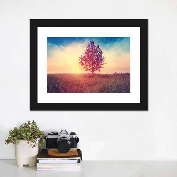 Alone Tree Over Sunrise Canvas Wall Art-1 Piece-Framed Print-20" x 16"-Tiaracle