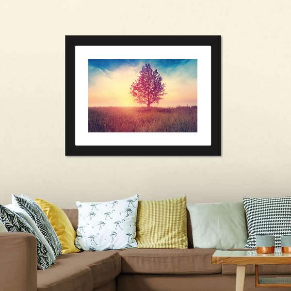 Alone Tree Over Sunrise Canvas Wall Art-3 Horizontal-Gallery Wrap-25" x 16"-Tiaracle