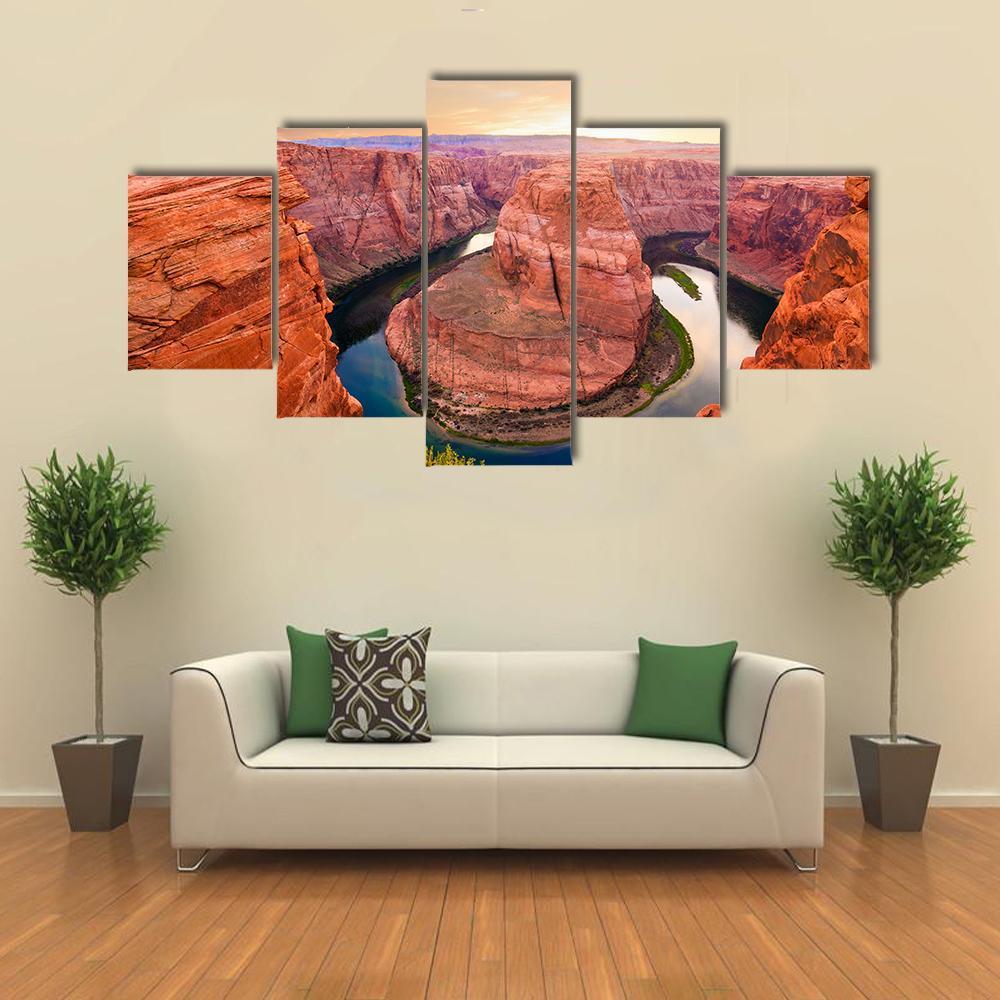 Amazing Sunset At Horseshoe Bend Canvas Wall Art-5 Star-Gallery Wrap-62" x 32"-Tiaracle