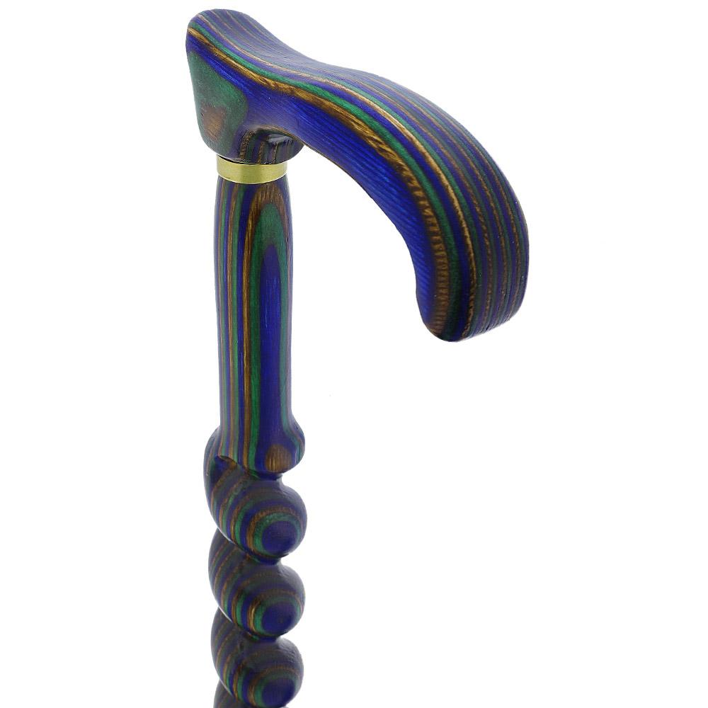 Scratch and Dent Blue Green and Brown Colortone Classic Rope Twist Derby Handle Walking Cane with Laminate Birchwood v1596