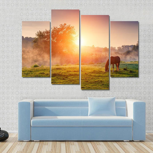 Horse Grazing On Pasture Canvas Wall Art-4 Pop-Gallery Wrap-50" x 32"-Tiaracle