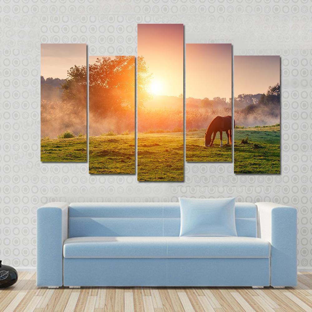 Horse Grazing On Pasture Canvas Wall Art-5 Pop-Gallery Wrap-47" x 32"-Tiaracle