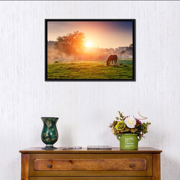 Horse Grazing On Pasture Canvas Wall Art-1 Piece-Floating Frame-24" x 16"-Tiaracle