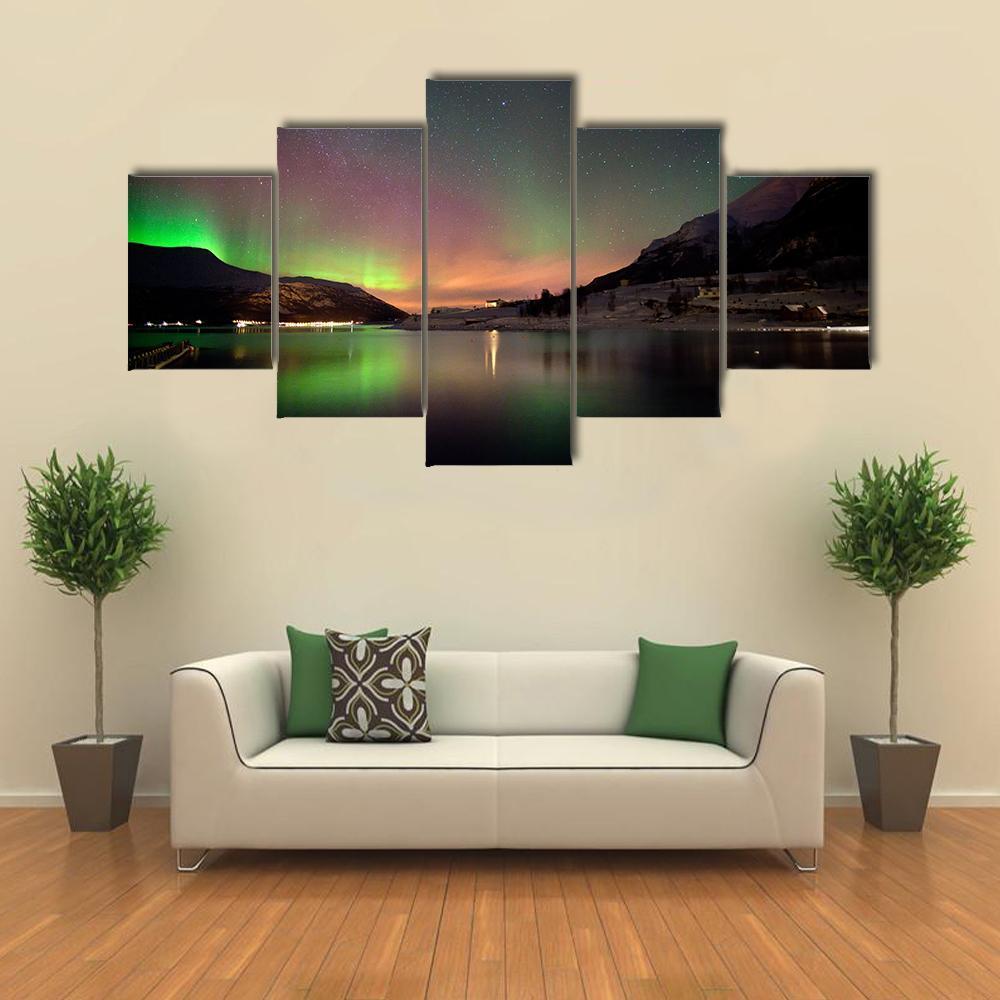 Arctic Night Aurora Borealis Canvas Wall Art-5 Star-Gallery Wrap-62" x 32"-Tiaracle