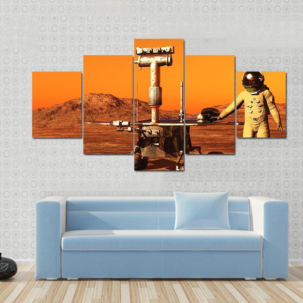 Astronaut & Mars Rover Canvas Wall Art-5 Star-Gallery Wrap-62" x 32"-Tiaracle