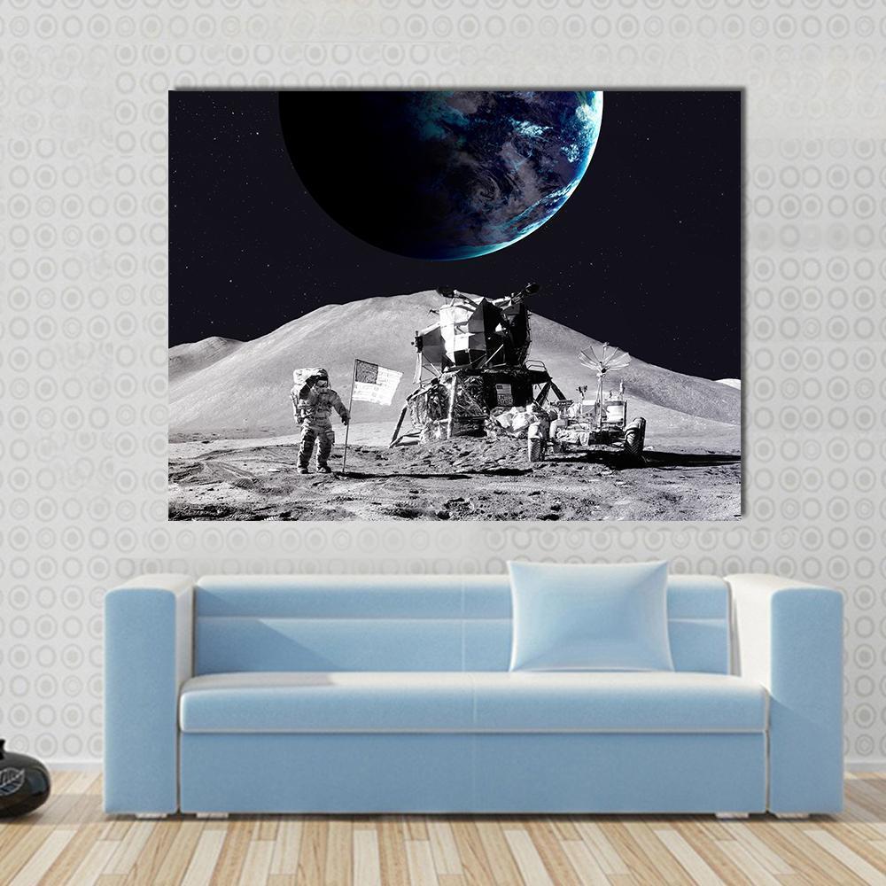 Astronaut On The Moon Canvas Wall Art-1 Piece-Gallery Wrap-48" x 32"-Tiaracle