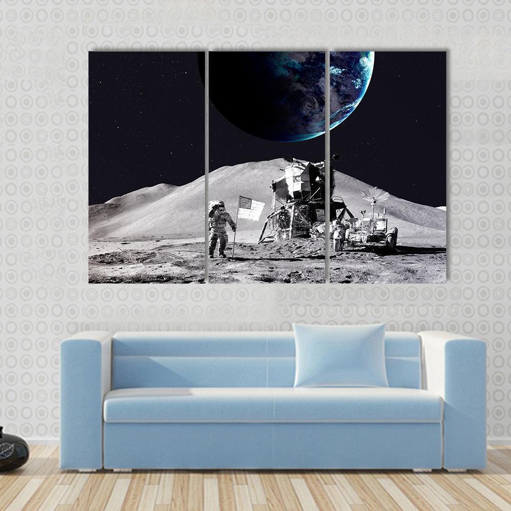 Astronaut On The Moon Canvas Wall Art-3 Horizontal-Gallery Wrap-37" x 24"-Tiaracle