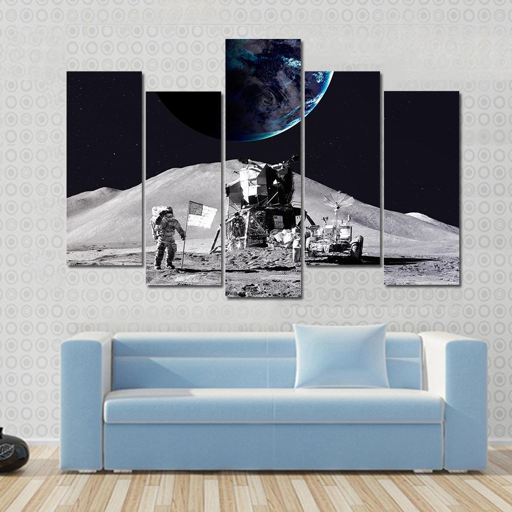 Astronaut On The Moon Canvas Wall Art-5 Pop-Gallery Wrap-47" x 32"-Tiaracle