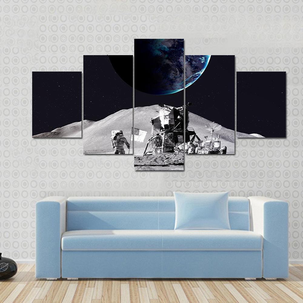 Astronaut On The Moon Canvas Wall Art-5 Star-Gallery Wrap-62" x 32"-Tiaracle