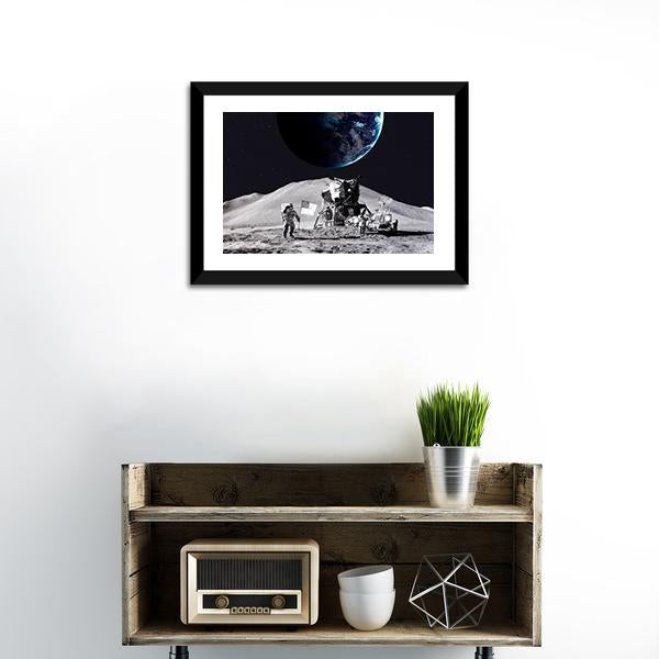 Astronaut On The Moon Canvas Wall Art-1 Piece-Framed Print-20" x 16"-Tiaracle