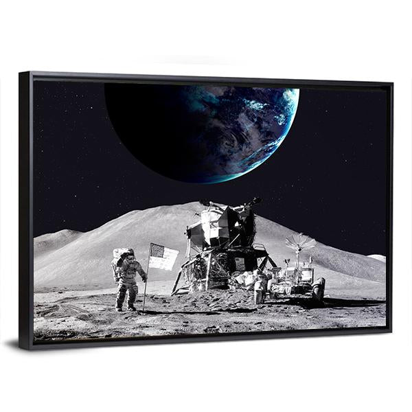 Astronaut On The Moon Canvas Wall Art-3 Horizontal-Gallery Wrap-25" x 16"-Tiaracle