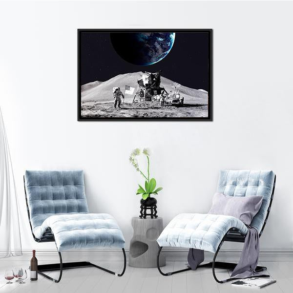 Astronaut On The Moon Canvas Wall Art-3 Horizontal-Gallery Wrap-25" x 16"-Tiaracle