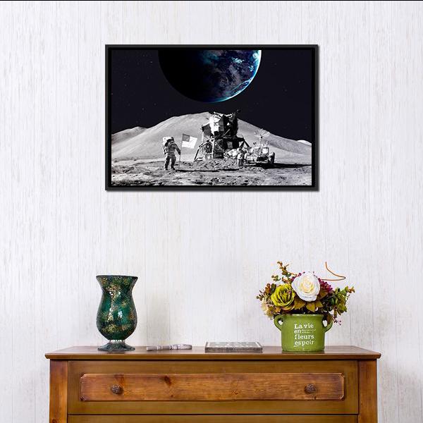 Astronaut On The Moon Canvas Wall Art-1 Piece-Floating Frame-24" x 16"-Tiaracle