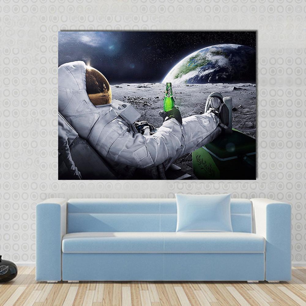 Astronaut Sitting On The Moon Canvas Wall Art-1 Piece-Gallery Wrap-48" x 32"-Tiaracle