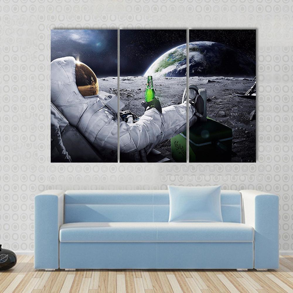 Astronaut Sitting On The Moon Canvas Wall Art-3 Horizontal-Gallery Wrap-37" x 24"-Tiaracle