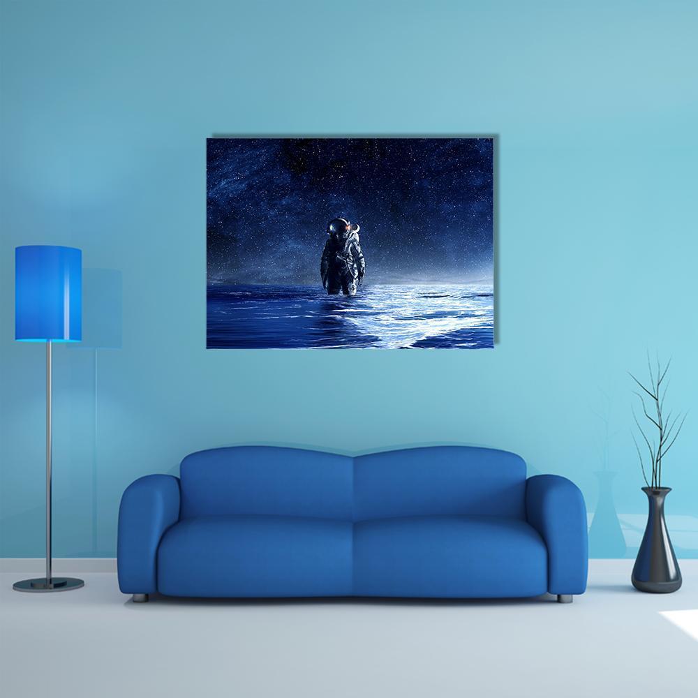 Astronaut Standing In Water Canvas Wall Art-1 Piece-Gallery Wrap-48" x 32"-Tiaracle