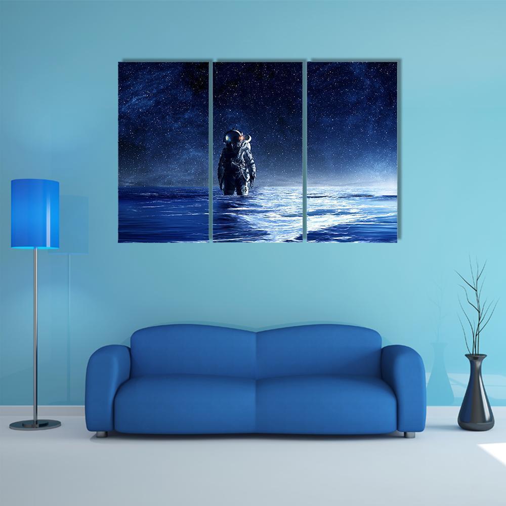 Astronaut Standing In Water Canvas Wall Art-3 Horizontal-Gallery Wrap-37" x 24"-Tiaracle