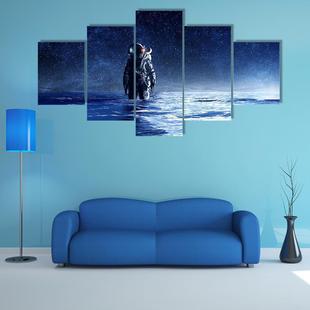 Astronaut Standing In Water Canvas Wall Art-5 Star-Gallery Wrap-62" x 32"-Tiaracle