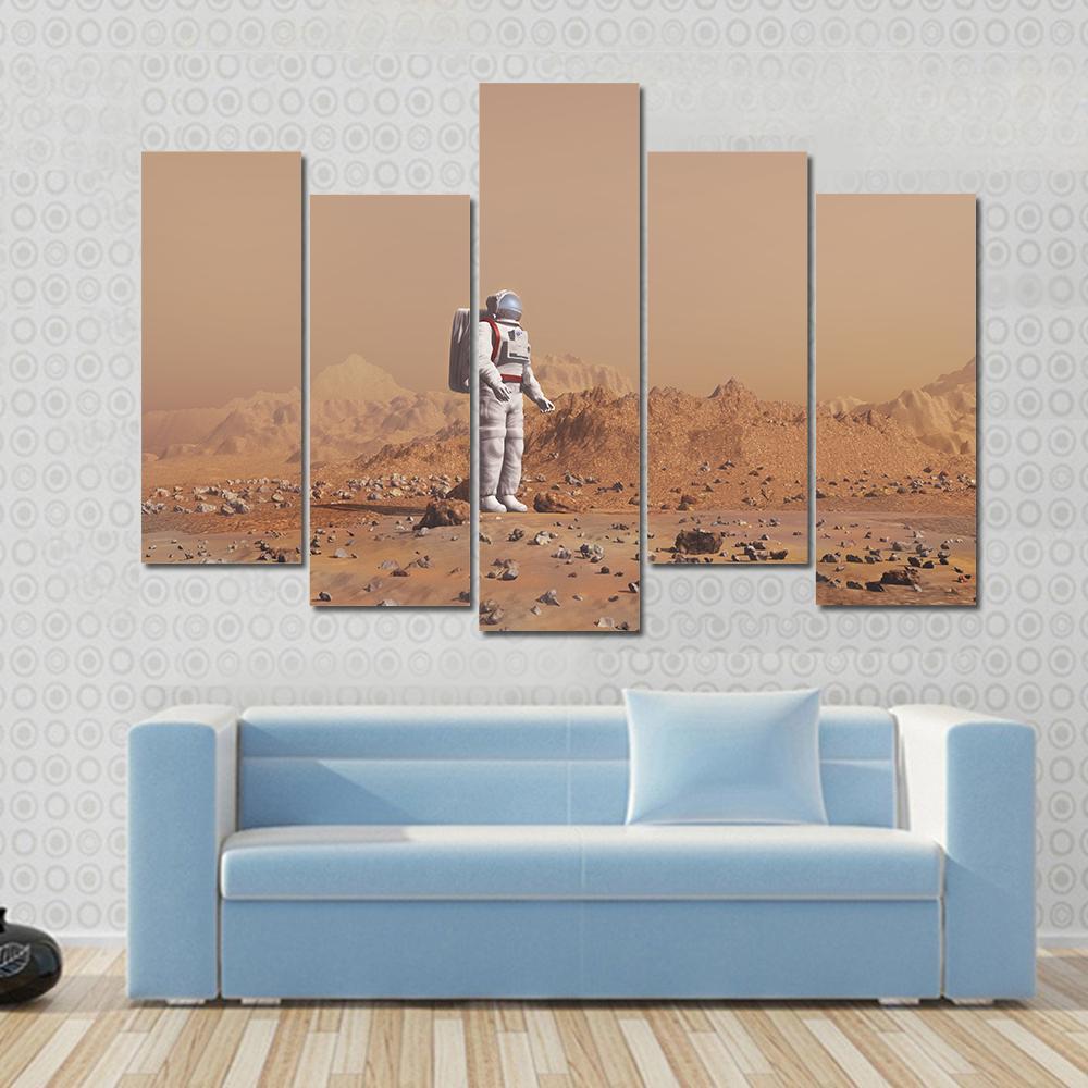 Astronaut Walking On Mars Canvas Wall Art-5 Pop-Gallery Wrap-47" x 32"-Tiaracle