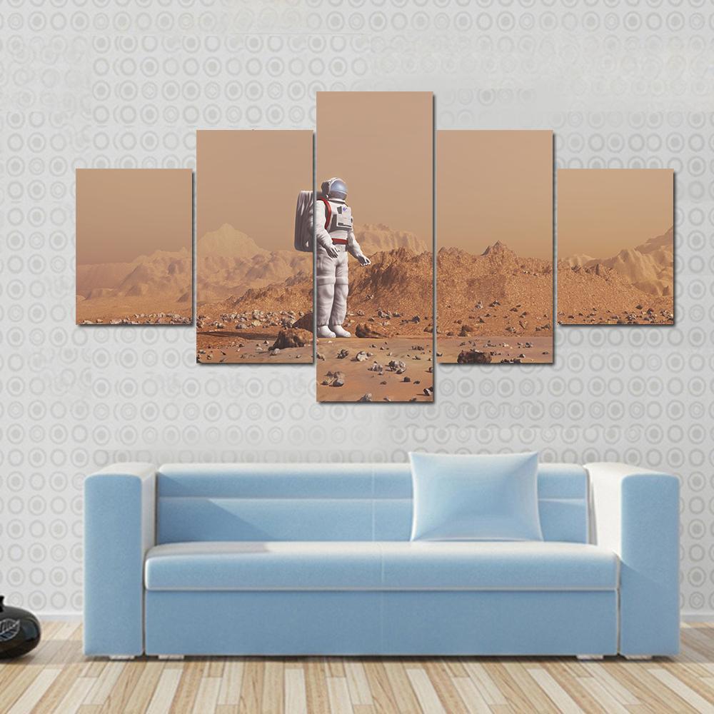 Astronaut Walking On Mars Canvas Wall Art-5 Star-Gallery Wrap-62" x 32"-Tiaracle