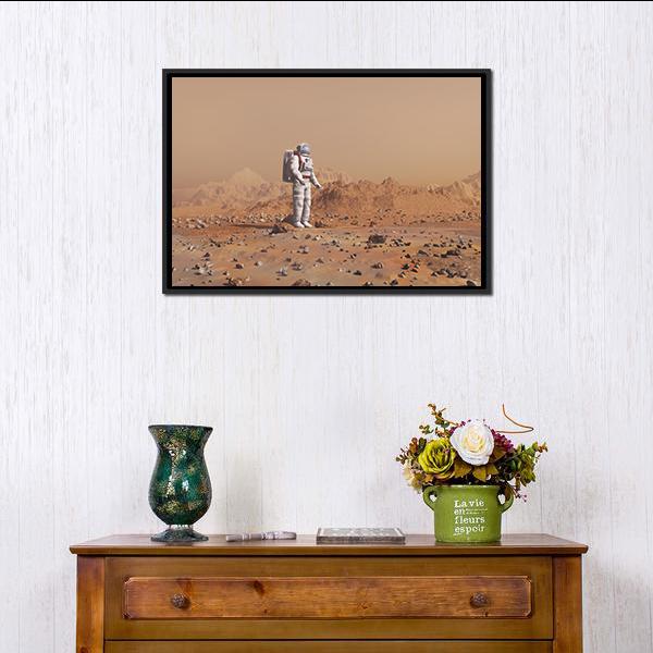 Astronaut Walking On Mars Canvas Wall Art-1 Piece-Floating Frame-24" x 16"-Tiaracle