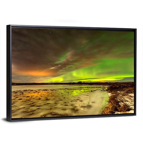 Aurora Borealis Over Frozen Lake Canvas Wall Art-3 Horizontal-Gallery Wrap-25" x 16"-Tiaracle