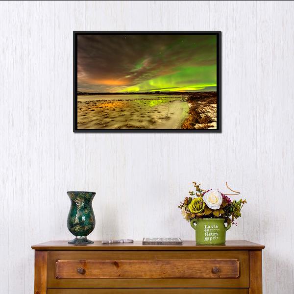 Aurora Borealis Over Frozen Lake Canvas Wall Art-1 Piece-Floating Frame-24" x 16"-Tiaracle