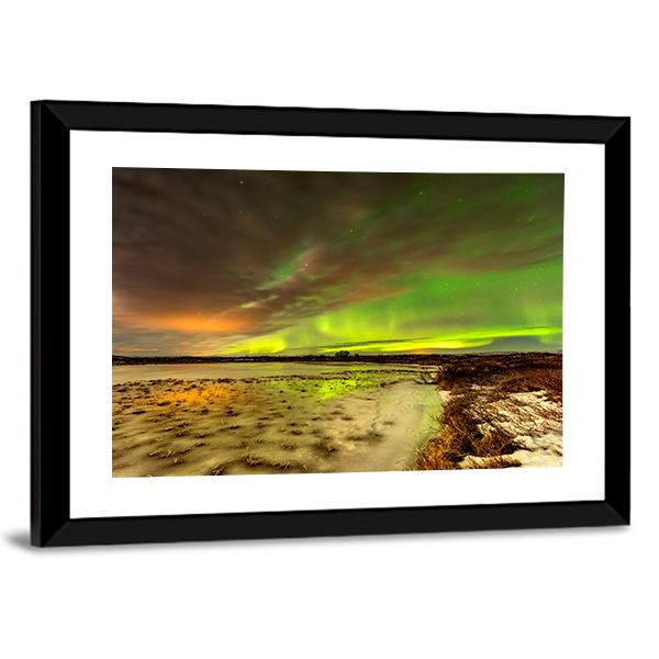 Aurora Borealis Over Frozen Lake Canvas Wall Art-3 Horizontal-Gallery Wrap-25" x 16"-Tiaracle