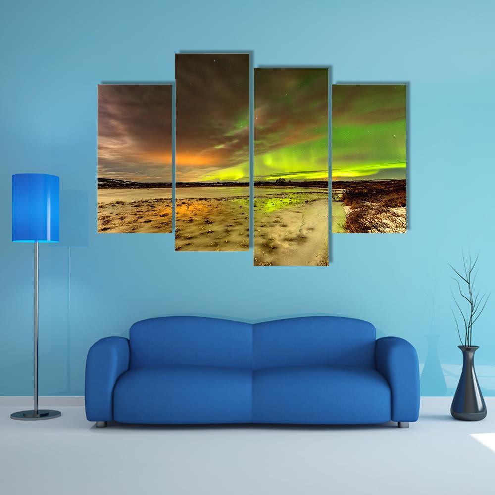 Aurora Borealis Over Frozen Lake Canvas Wall Art-4 Pop-Gallery Wrap-50" x 32"-Tiaracle