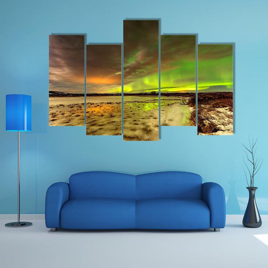 Aurora Borealis Over Frozen Lake Canvas Wall Art-5 Pop-Gallery Wrap-47" x 32"-Tiaracle