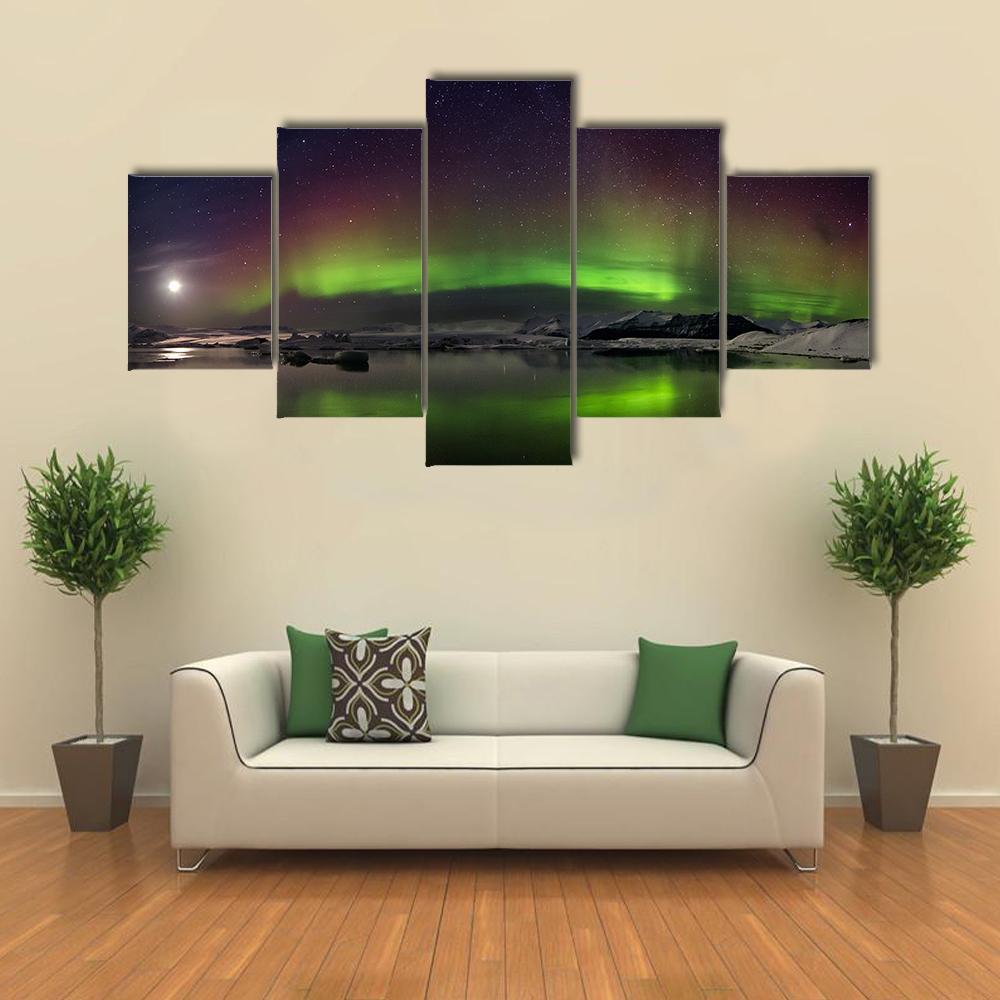 Flash Of Aurora Polaris Canvas Wall Art-5 Star-Gallery Wrap-62" x 32"-Tiaracle