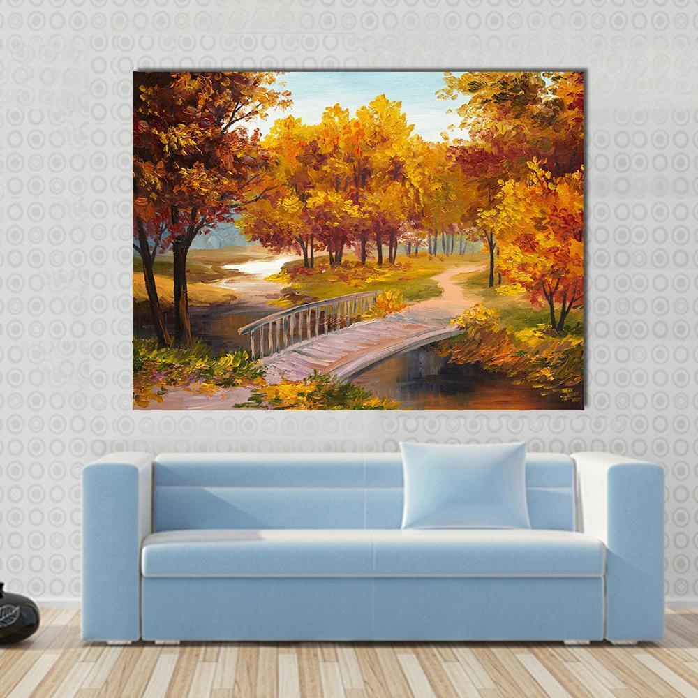 Autumn Forest & Bridge Canvas Wall Art-1 Piece-Gallery Wrap-48" x 32"-Tiaracle