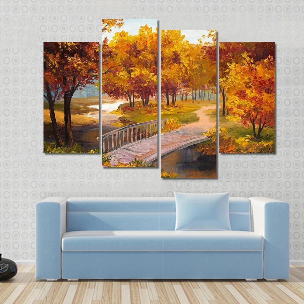 Autumn Forest & Bridge Canvas Wall Art-4 Pop-Gallery Wrap-50" x 32"-Tiaracle