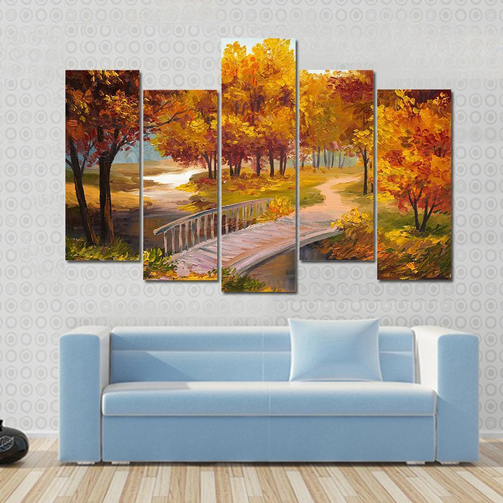 Autumn Forest & Bridge Canvas Wall Art-5 Pop-Gallery Wrap-47" x 32"-Tiaracle