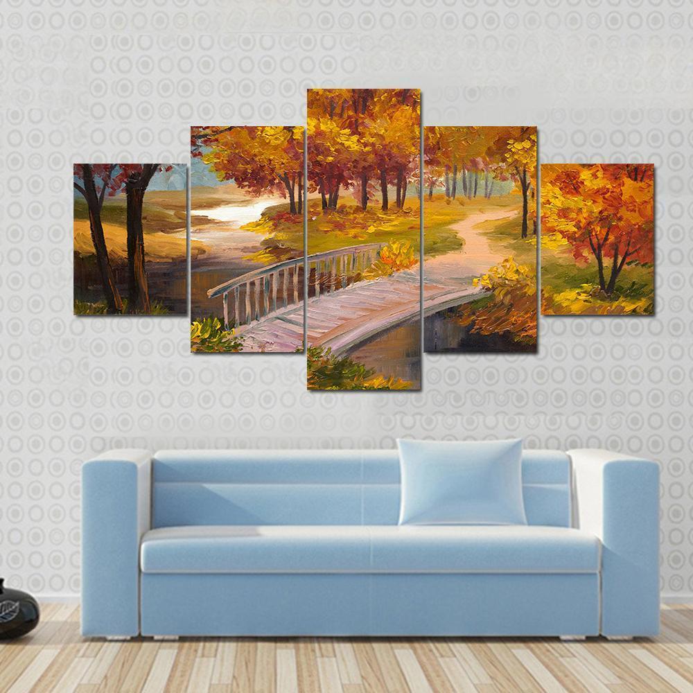 Autumn Forest & Bridge Canvas Wall Art-5 Star-Gallery Wrap-62" x 32"-Tiaracle