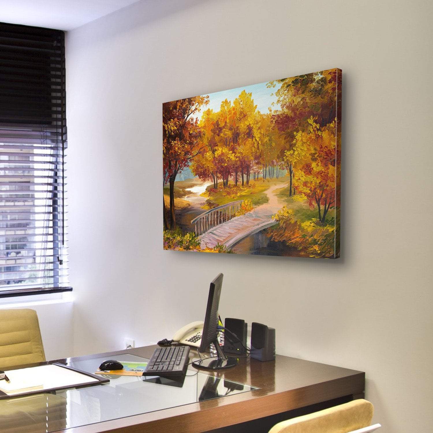 Autumn Forest & Bridge Canvas Wall Art-3 Horizontal-Gallery Wrap-25" x 16"-Tiaracle