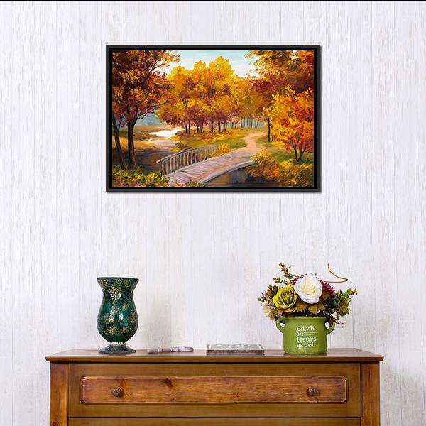 Autumn Forest & Bridge Canvas Wall Art-1 Piece-Floating Frame-24" x 16"-Tiaracle