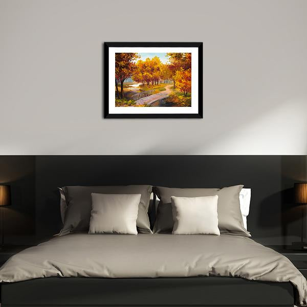 Autumn Forest & Bridge Canvas Wall Art-3 Horizontal-Gallery Wrap-25" x 16"-Tiaracle