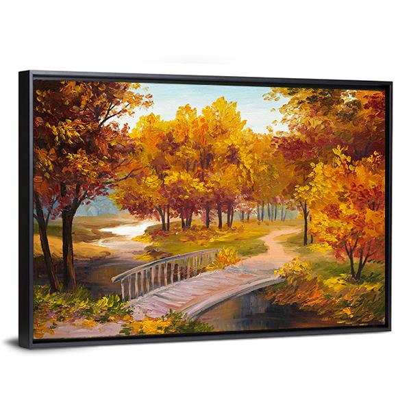 Autumn Forest & Bridge Canvas Wall Art-3 Horizontal-Gallery Wrap-25" x 16"-Tiaracle