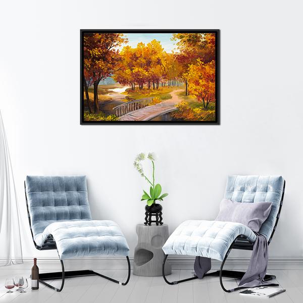 Autumn Forest & Bridge Canvas Wall Art-3 Horizontal-Gallery Wrap-25" x 16"-Tiaracle