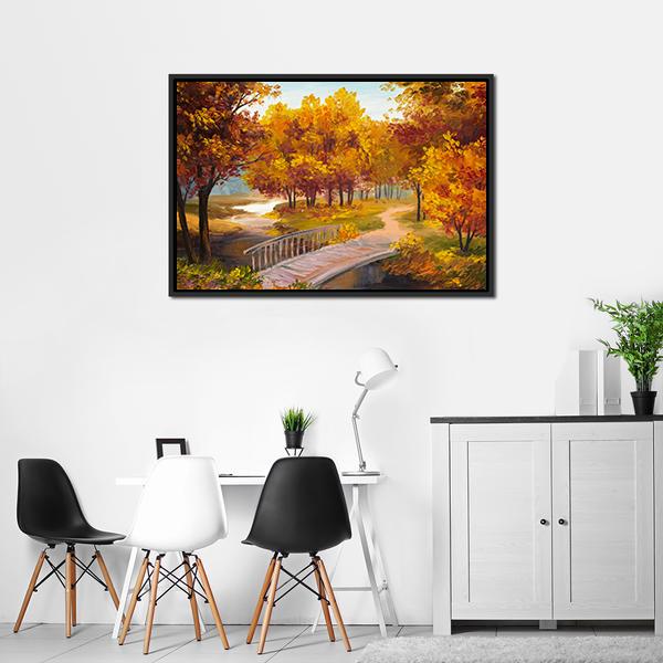 Autumn Forest & Bridge Canvas Wall Art-3 Horizontal-Gallery Wrap-25" x 16"-Tiaracle