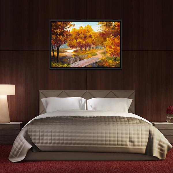 Autumn Forest & Bridge Canvas Wall Art-3 Horizontal-Gallery Wrap-25" x 16"-Tiaracle