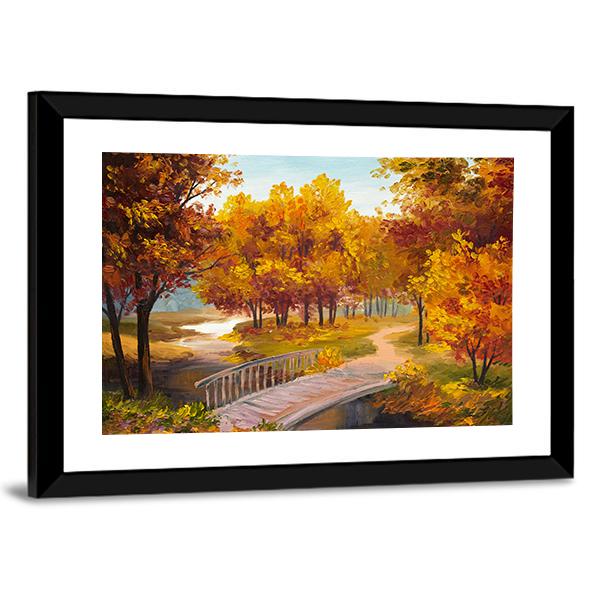 Autumn Forest & Bridge Canvas Wall Art-3 Horizontal-Gallery Wrap-25" x 16"-Tiaracle