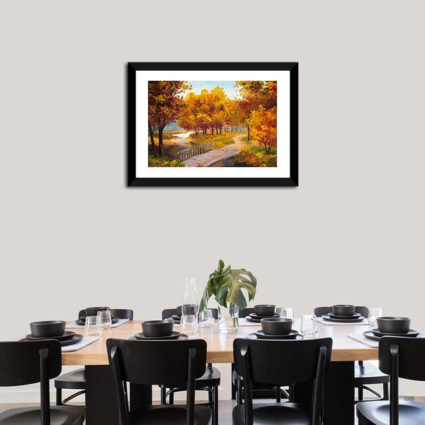 Autumn Forest & Bridge Canvas Wall Art-3 Horizontal-Gallery Wrap-25" x 16"-Tiaracle