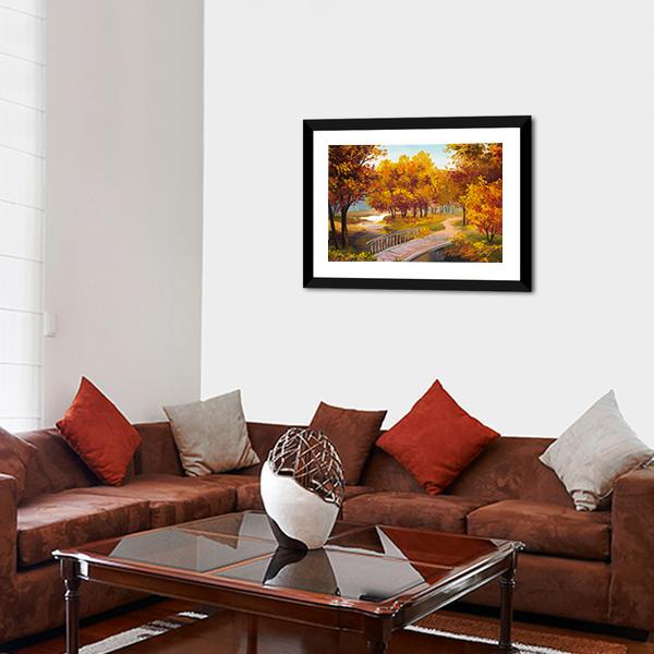 Autumn Forest & Bridge Canvas Wall Art-3 Horizontal-Gallery Wrap-25" x 16"-Tiaracle