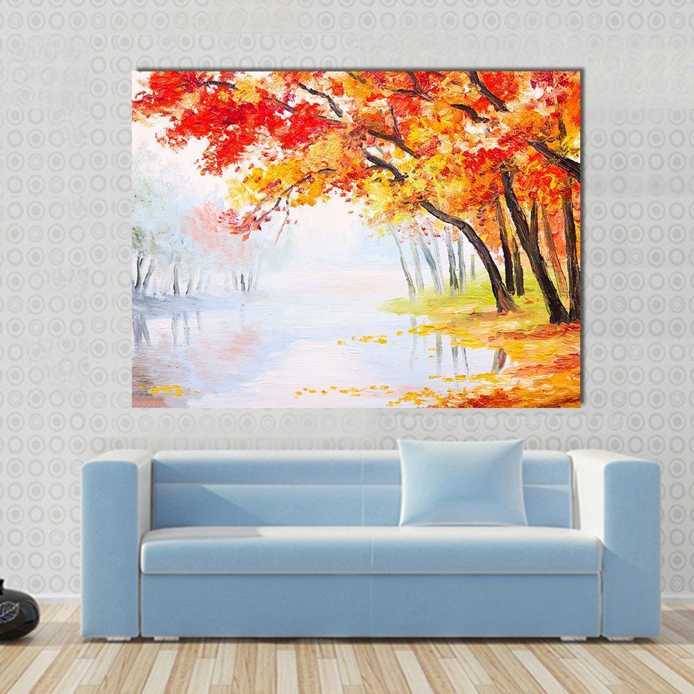 Autumn Forest Near The Lake Canvas Wall Art-1 Piece-Gallery Wrap-48" x 32"-Tiaracle