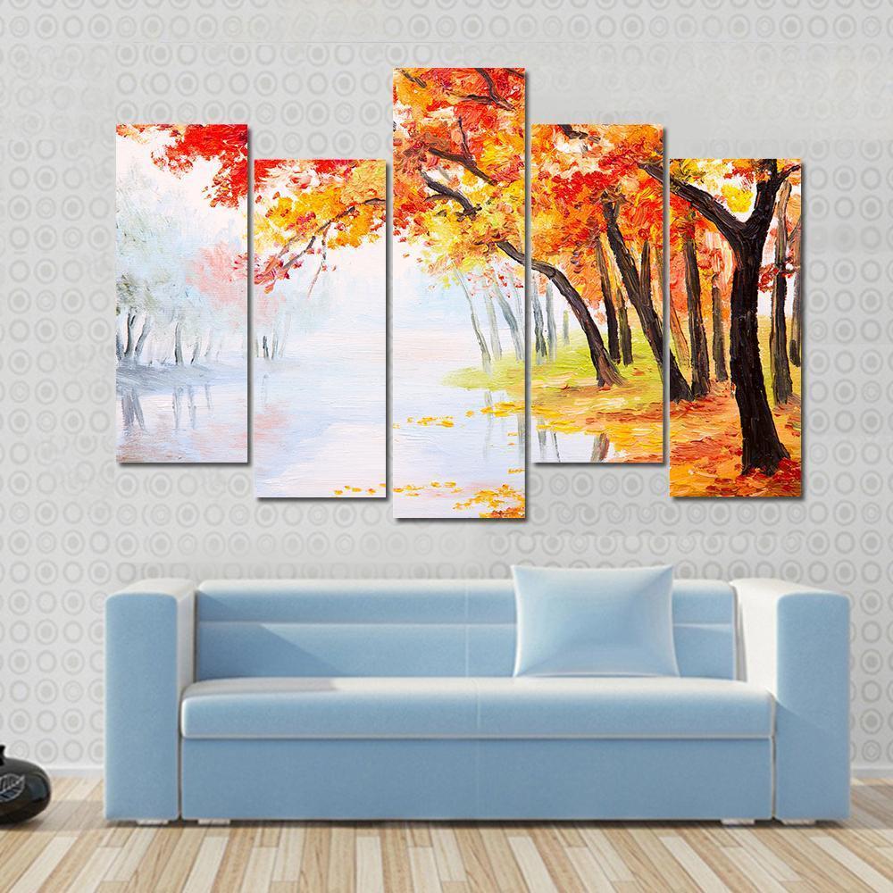 Autumn Forest Near The Lake Canvas Wall Art-5 Pop-Gallery Wrap-47" x 32"-Tiaracle